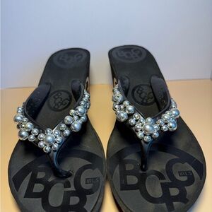 BCBGirls Black Thong Sandals with Silver Bead Embellishments